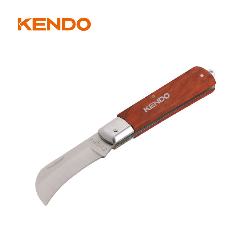 Curved Blade Stainless Steel Electricians' Knife With Wooden Handle